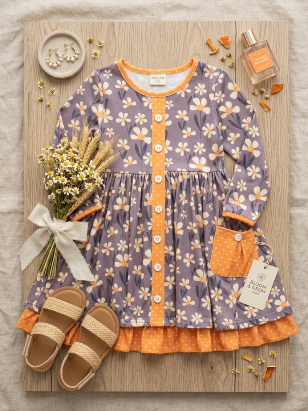 Kids Gray & Mustard Floral Ruffle Button Pocket Dress Adorable Sweetness